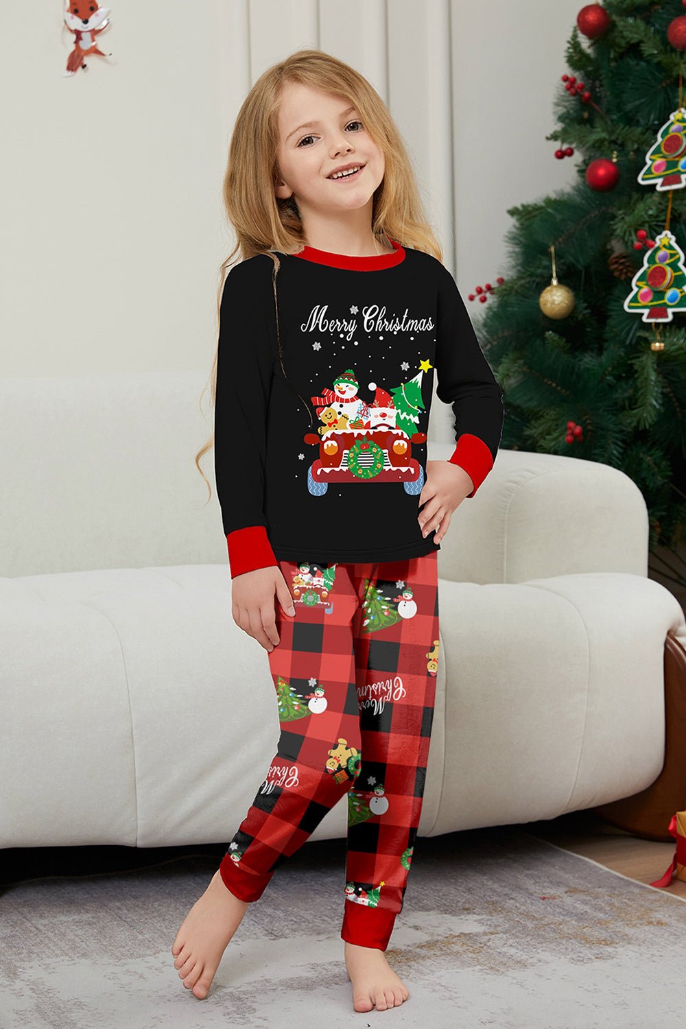 Noir Rouge Imprimé Joyeux Noël Plaid Famille Ensemble de pyjama assorti