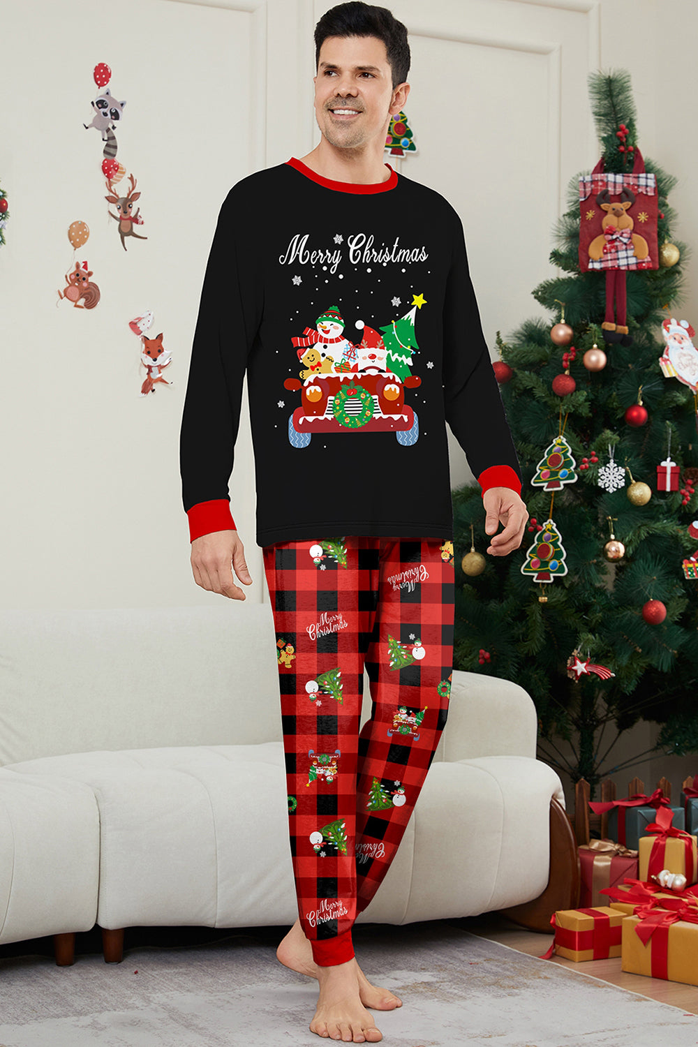 Noir Rouge Imprimé Joyeux Noël Plaid Famille Ensemble de pyjama assorti