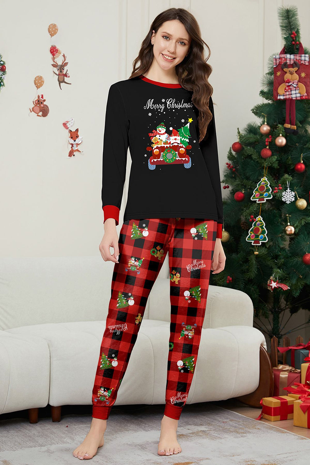 Noir Rouge Imprimé Joyeux Noël Plaid Famille Ensemble de pyjama assorti
