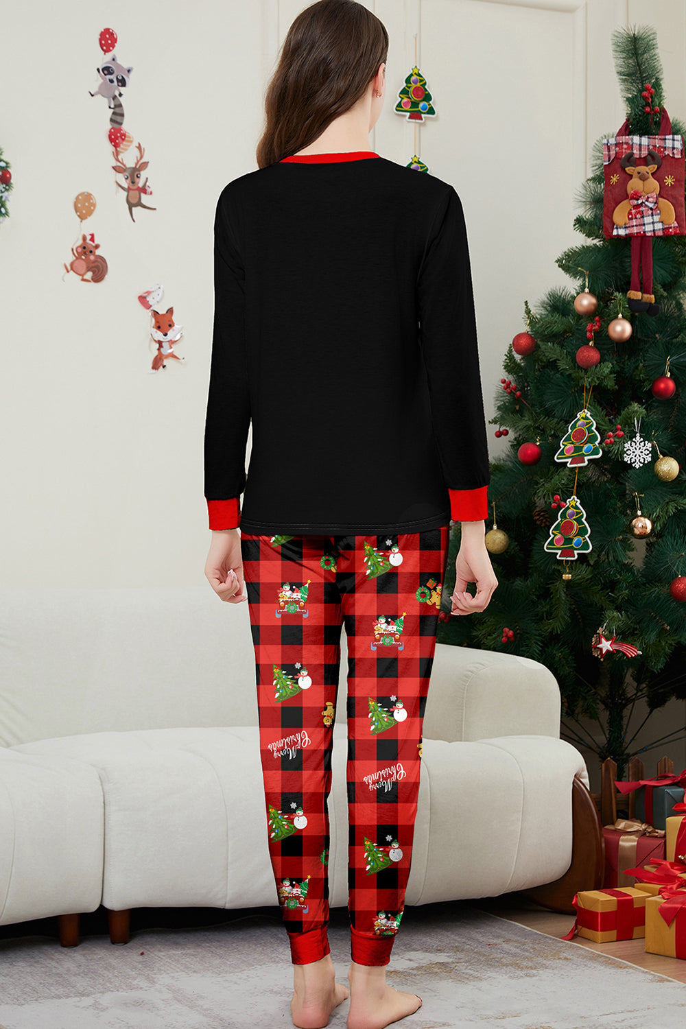 Noir Rouge Imprimé Joyeux Noël Plaid Famille Ensemble de pyjama assorti