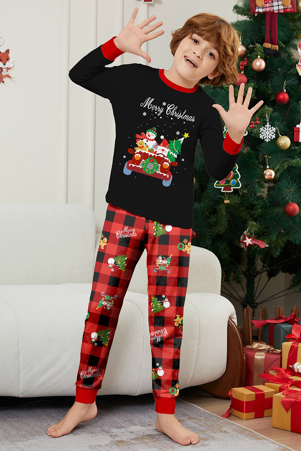 Noir Rouge Imprimé Joyeux Noël Plaid Famille Ensemble de pyjama assorti