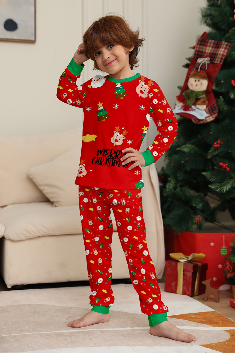Ensemble de pyjama assorti familial imprimé rouge douillet de Noël