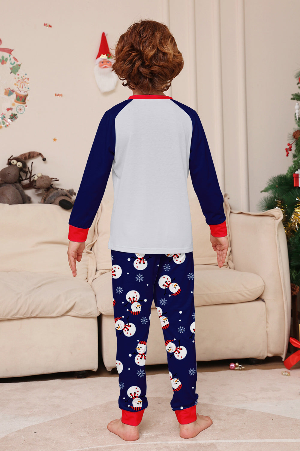 Pyjama assorti familial imprimé bonhomme de neige bleu gris