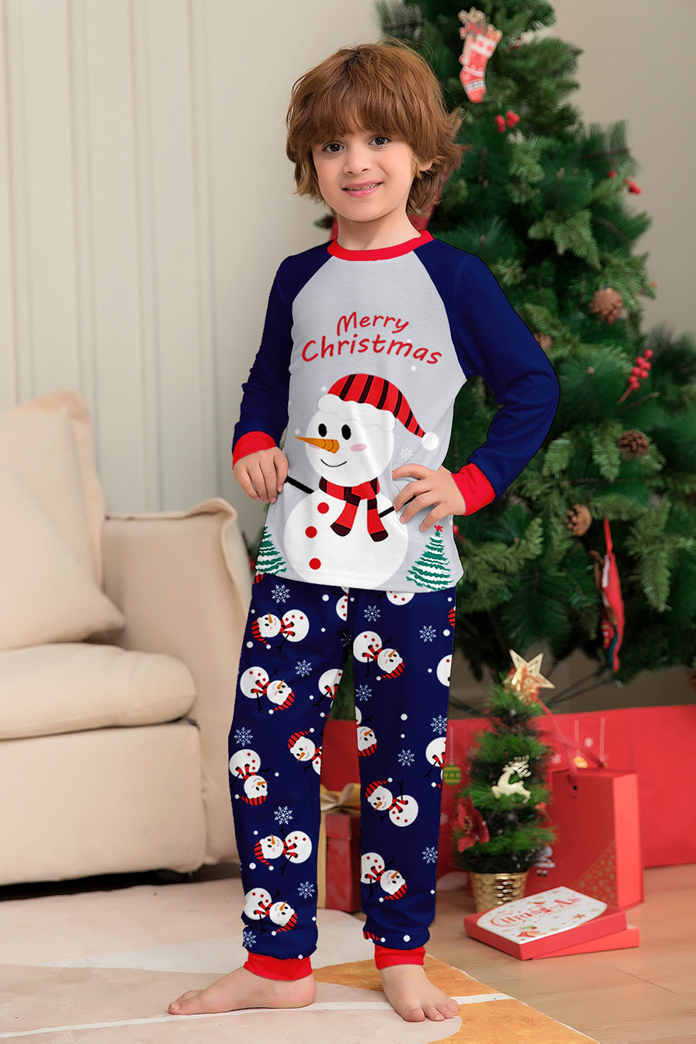 Pyjama assorti familial imprimé bonhomme de neige bleu gris