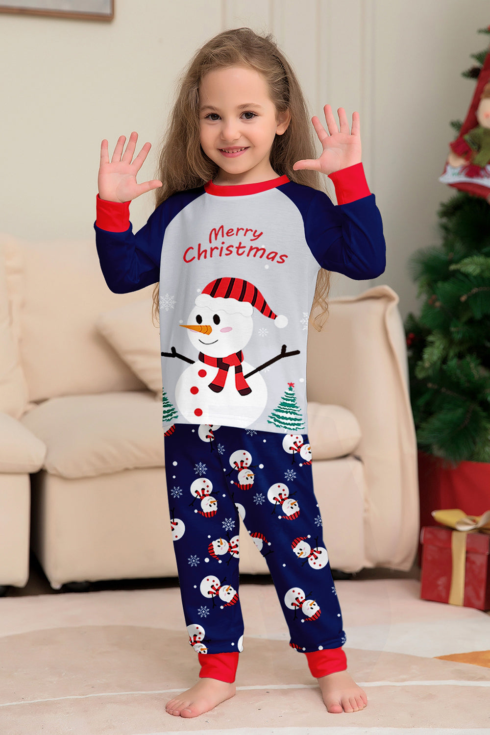 Pyjama assorti familial imprimé bonhomme de neige bleu gris