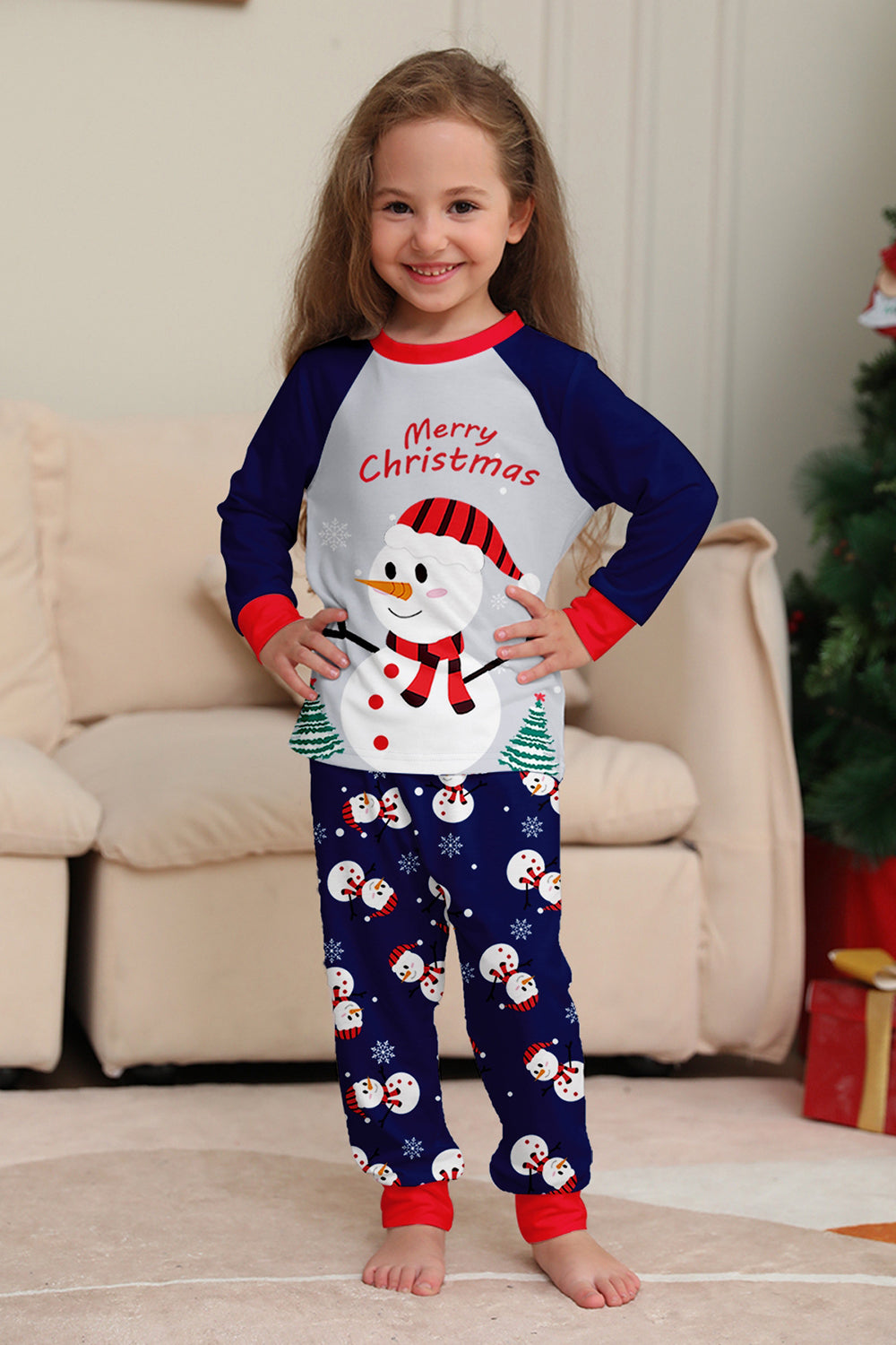 Pyjama assorti familial imprimé bonhomme de neige bleu gris