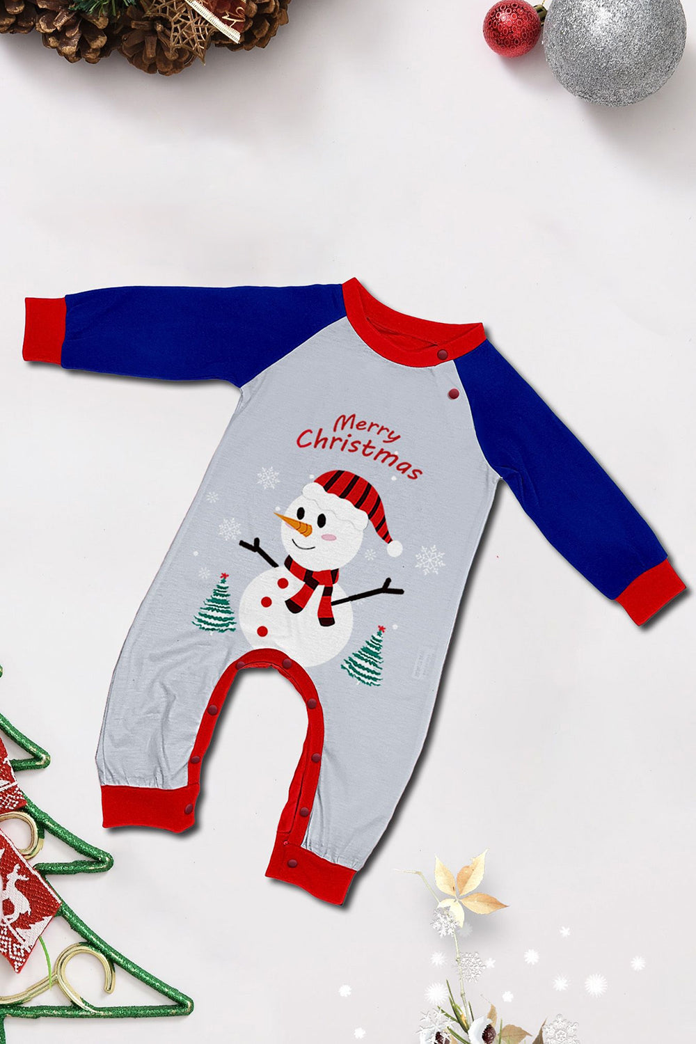 Pyjama assorti familial imprimé bonhomme de neige bleu gris