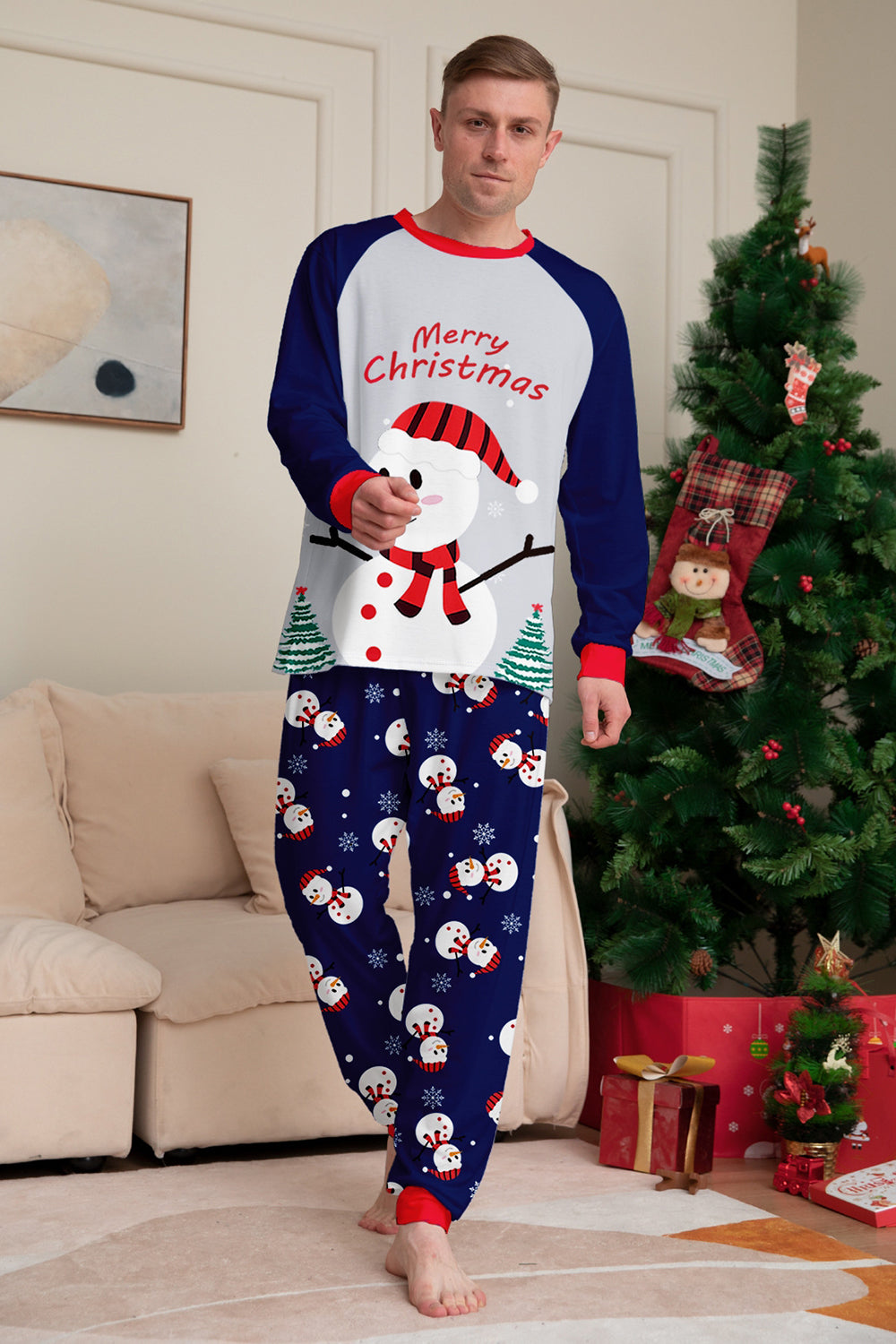 Pyjama assorti familial imprimé bonhomme de neige bleu gris