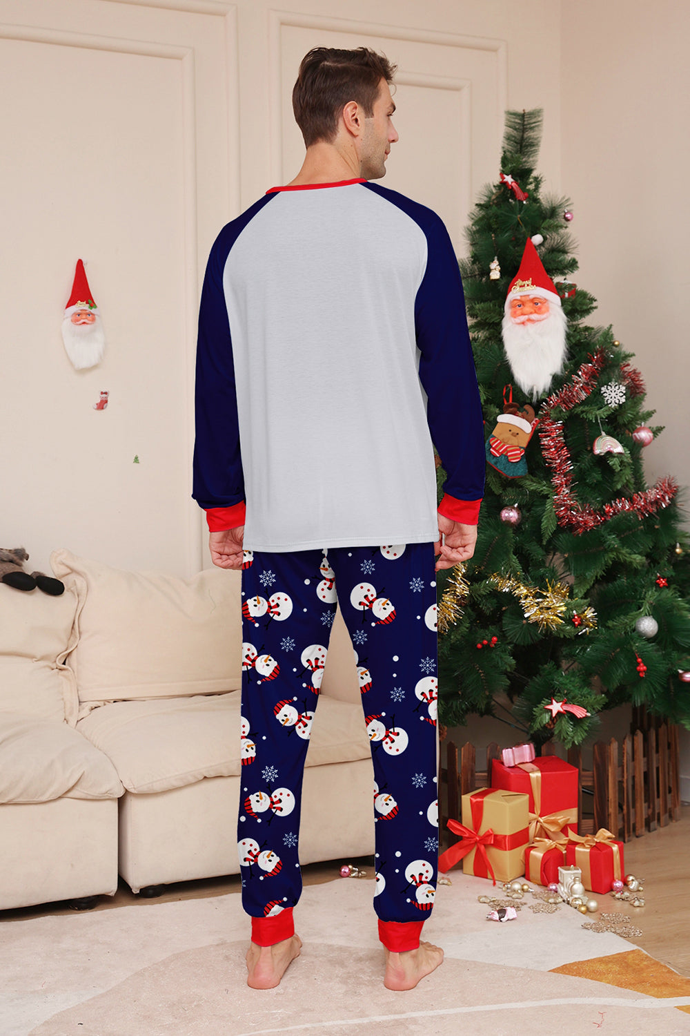 Pyjama assorti familial imprimé bonhomme de neige bleu gris