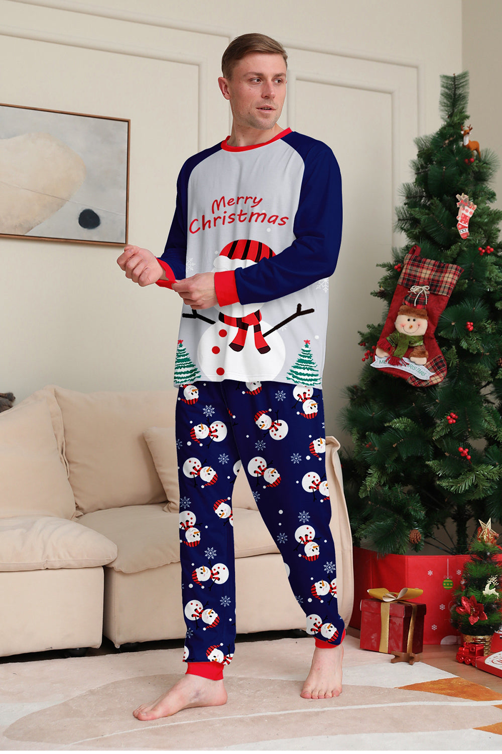 Pyjama assorti familial imprimé bonhomme de neige bleu gris