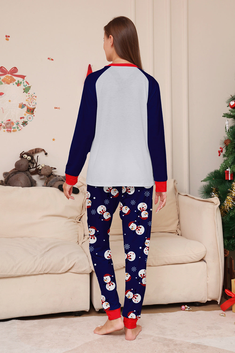 Pyjama assorti familial imprimé bonhomme de neige bleu gris