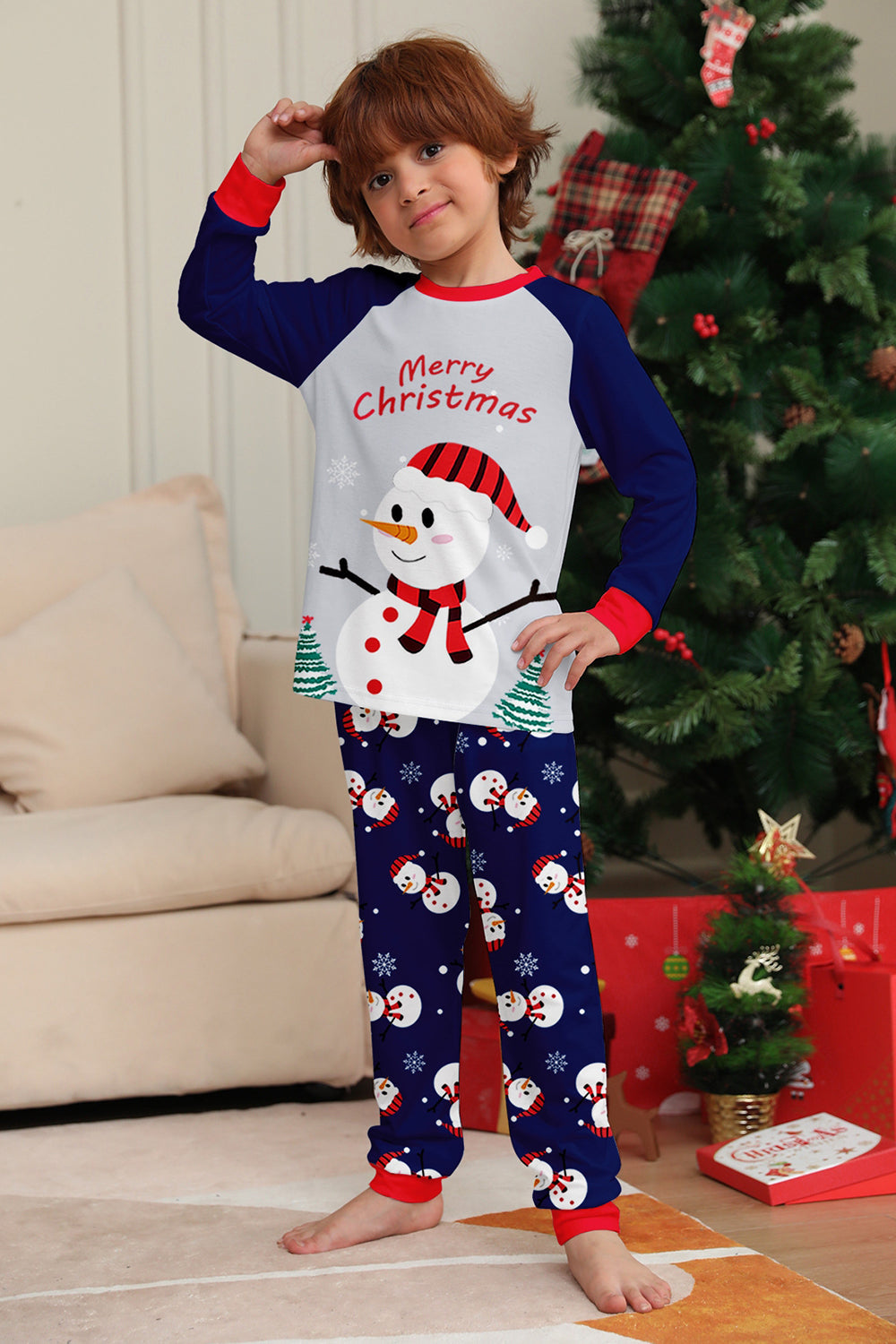 Pyjama assorti familial imprimé bonhomme de neige bleu gris