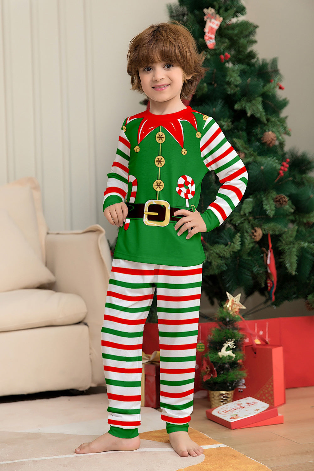 Ensemble de pyjama assorti familial de Noël imprimé rayures horizontales vertes