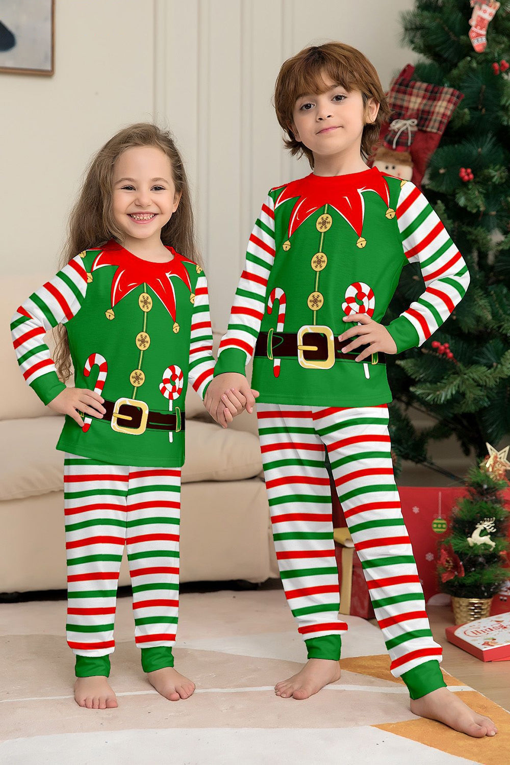 Ensemble de pyjama assorti familial de Noël imprimé rayures horizontales vertes