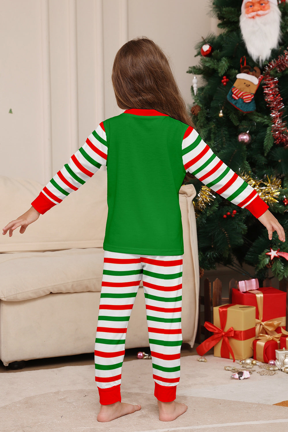 Ensemble de pyjama assorti familial de Noël imprimé rayures horizontales vertes