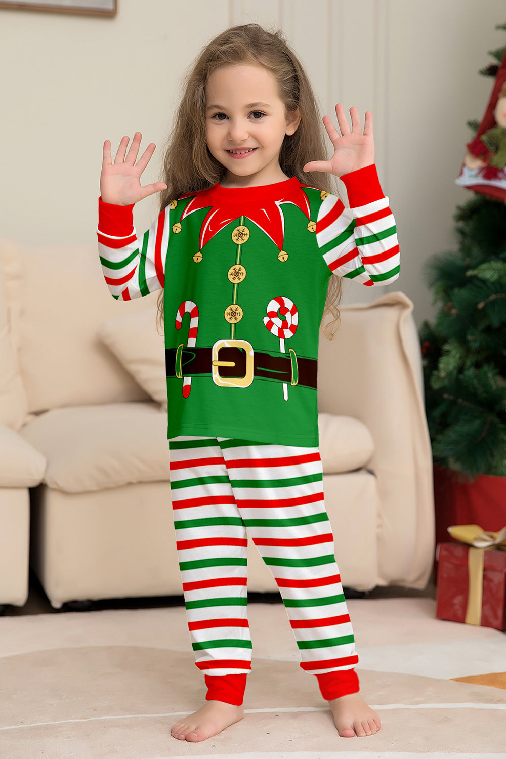 Ensemble de pyjama assorti familial de Noël imprimé rayures horizontales vertes