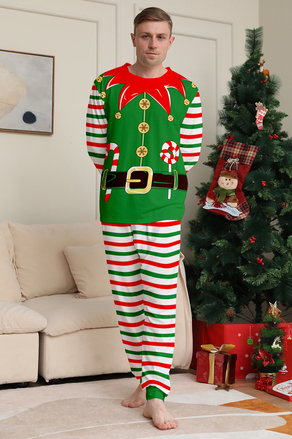 Ensemble de pyjama assorti familial de Noël imprimé rayures horizontales vertes