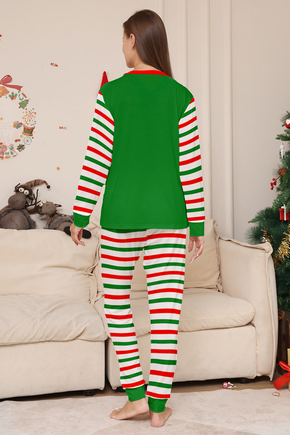Ensemble de pyjama assorti familial de Noël imprimé rayures horizontales vertes