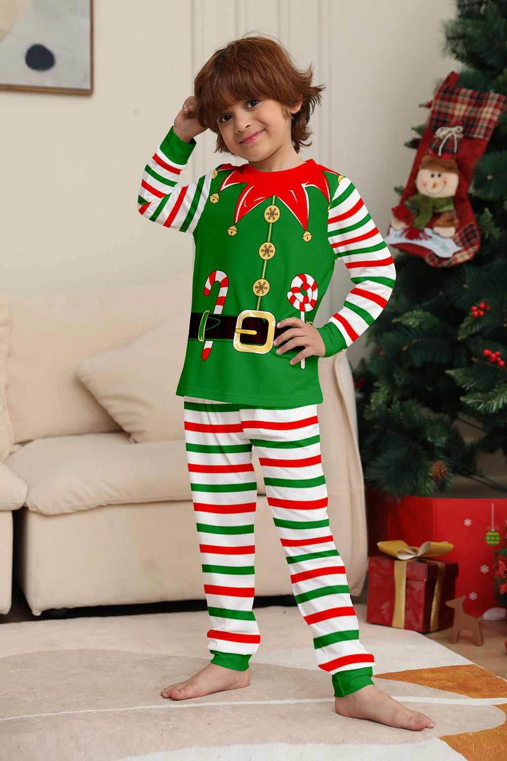 Ensemble de pyjama assorti familial de Noël imprimé rayures horizontales vertes