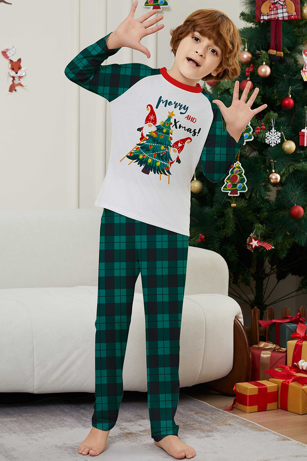 Vert Joyeux Noël Plaid Imprimé Famille Pyjama Assorti