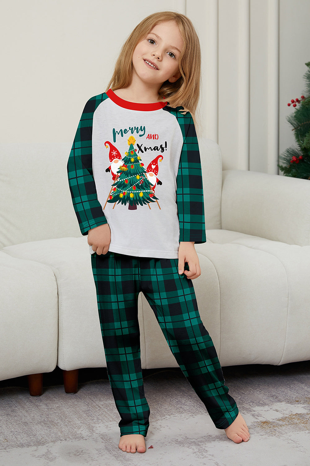 Vert Joyeux Noël Plaid Imprimé Famille Pyjama Assorti