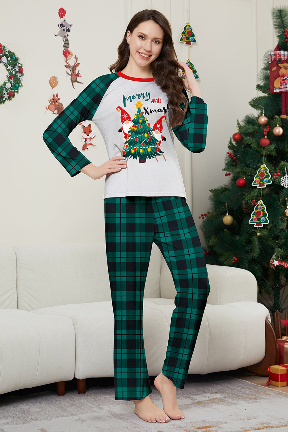 Vert Joyeux Noël Plaid Imprimé Famille Pyjama Assorti