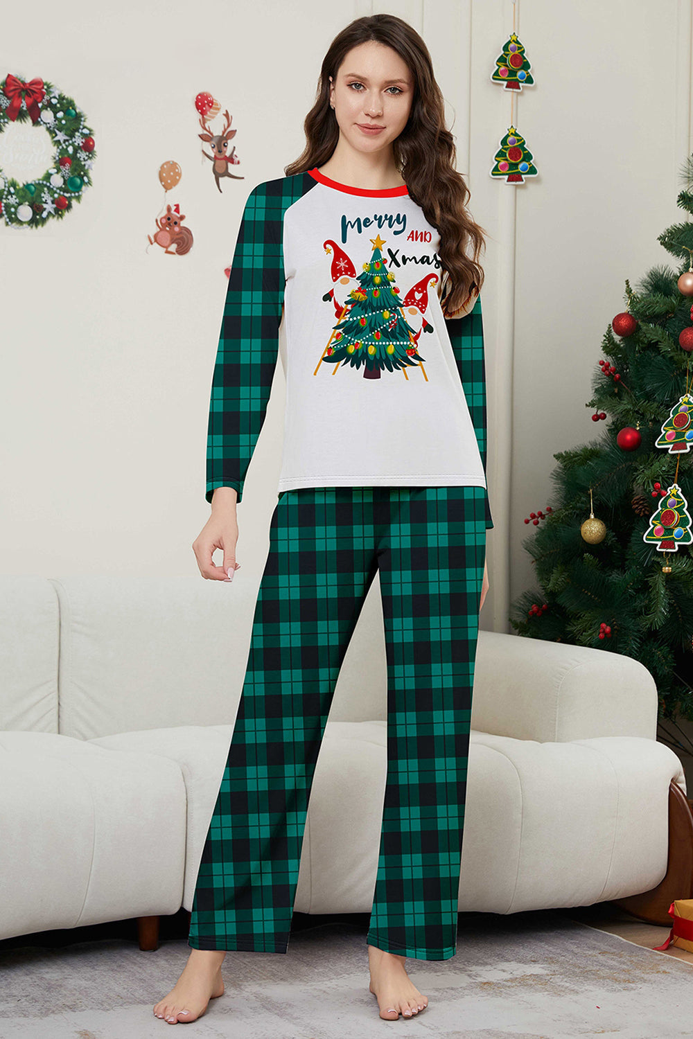 Vert Joyeux Noël Plaid Imprimé Famille Pyjama Assorti