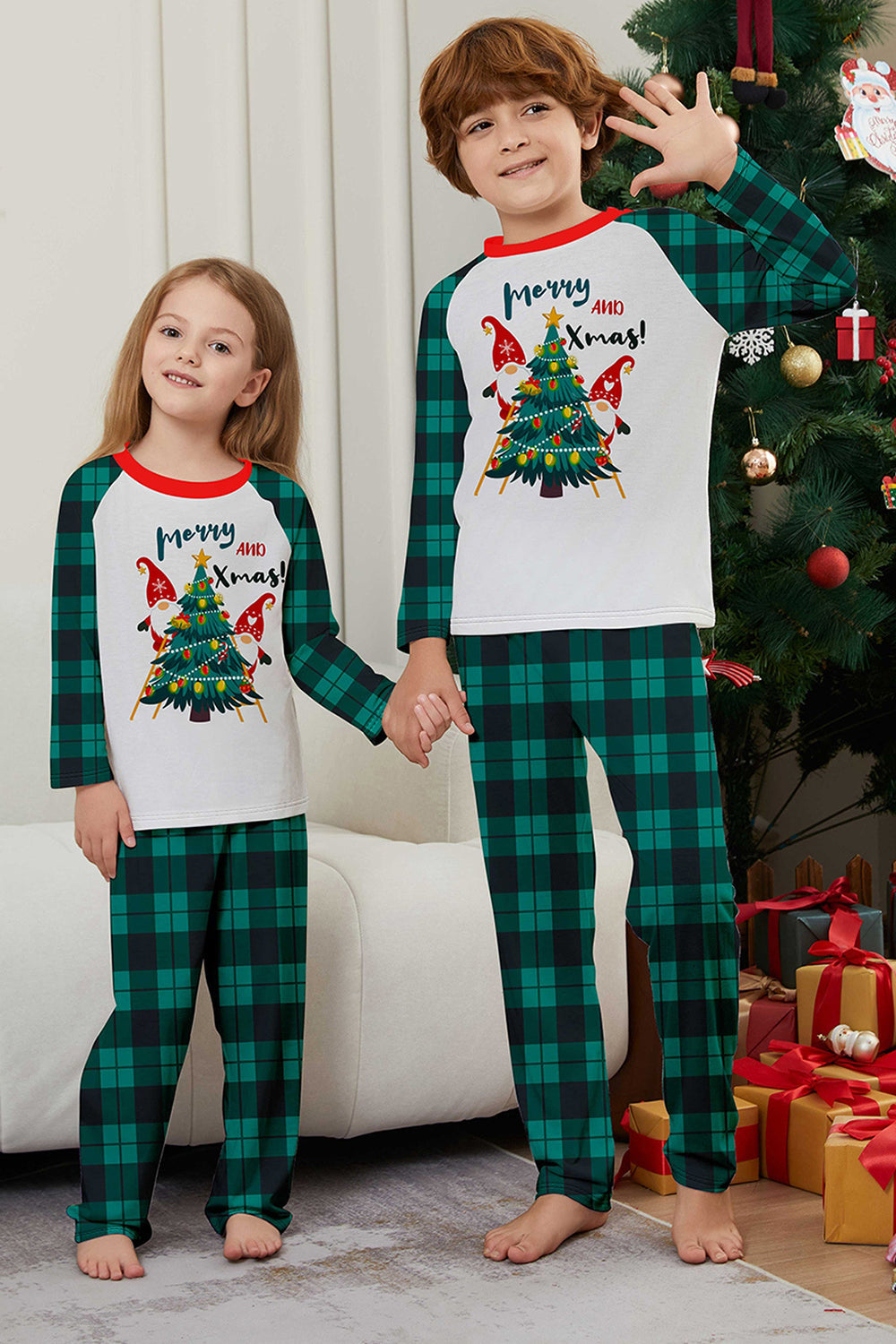 Vert Joyeux Noël Plaid Imprimé Famille Pyjama Assorti