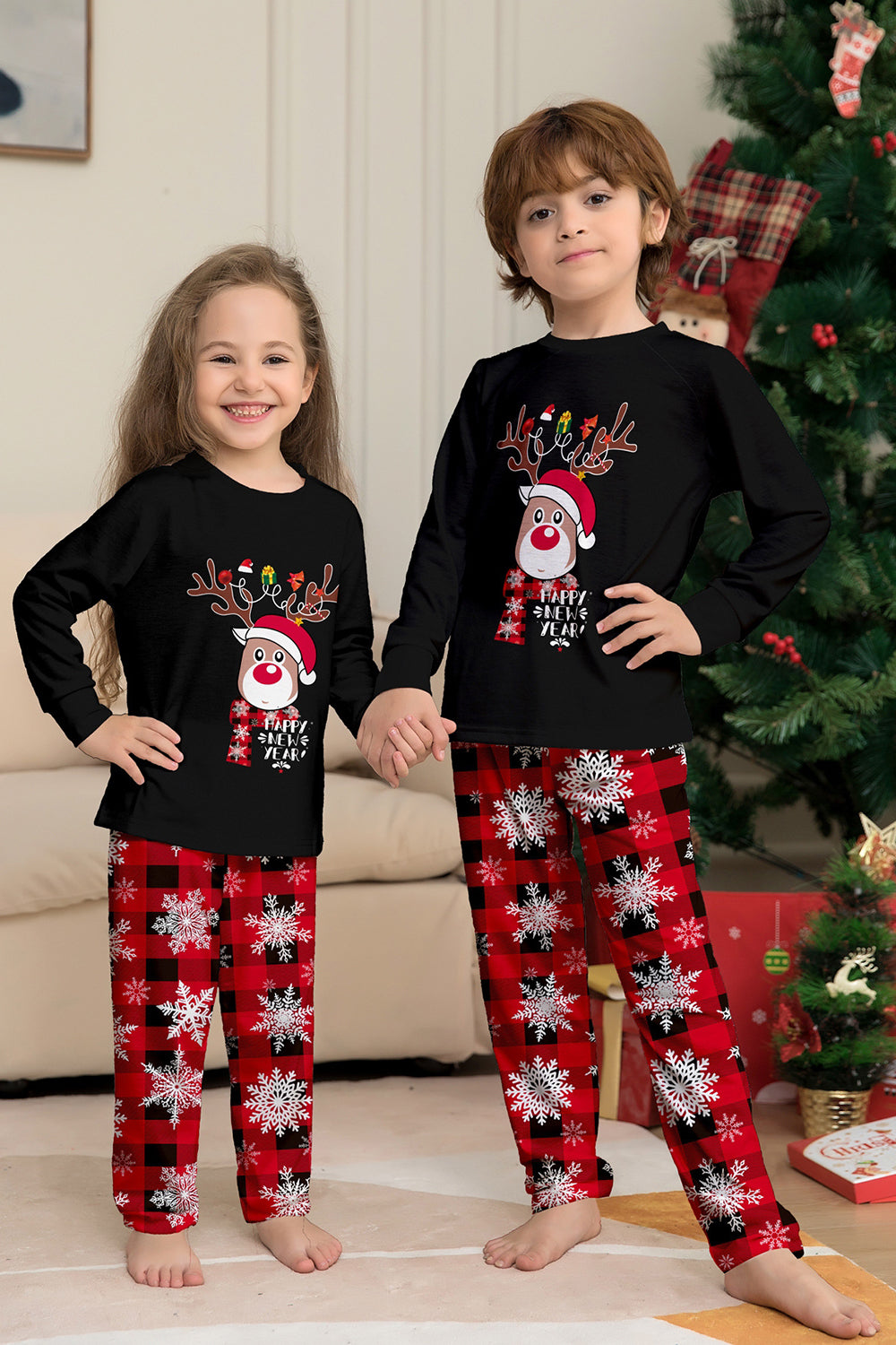 Noir Rouge Renne Flocon de Neige Imprimé Noël Famille Pyjama Assorti Ensemble
