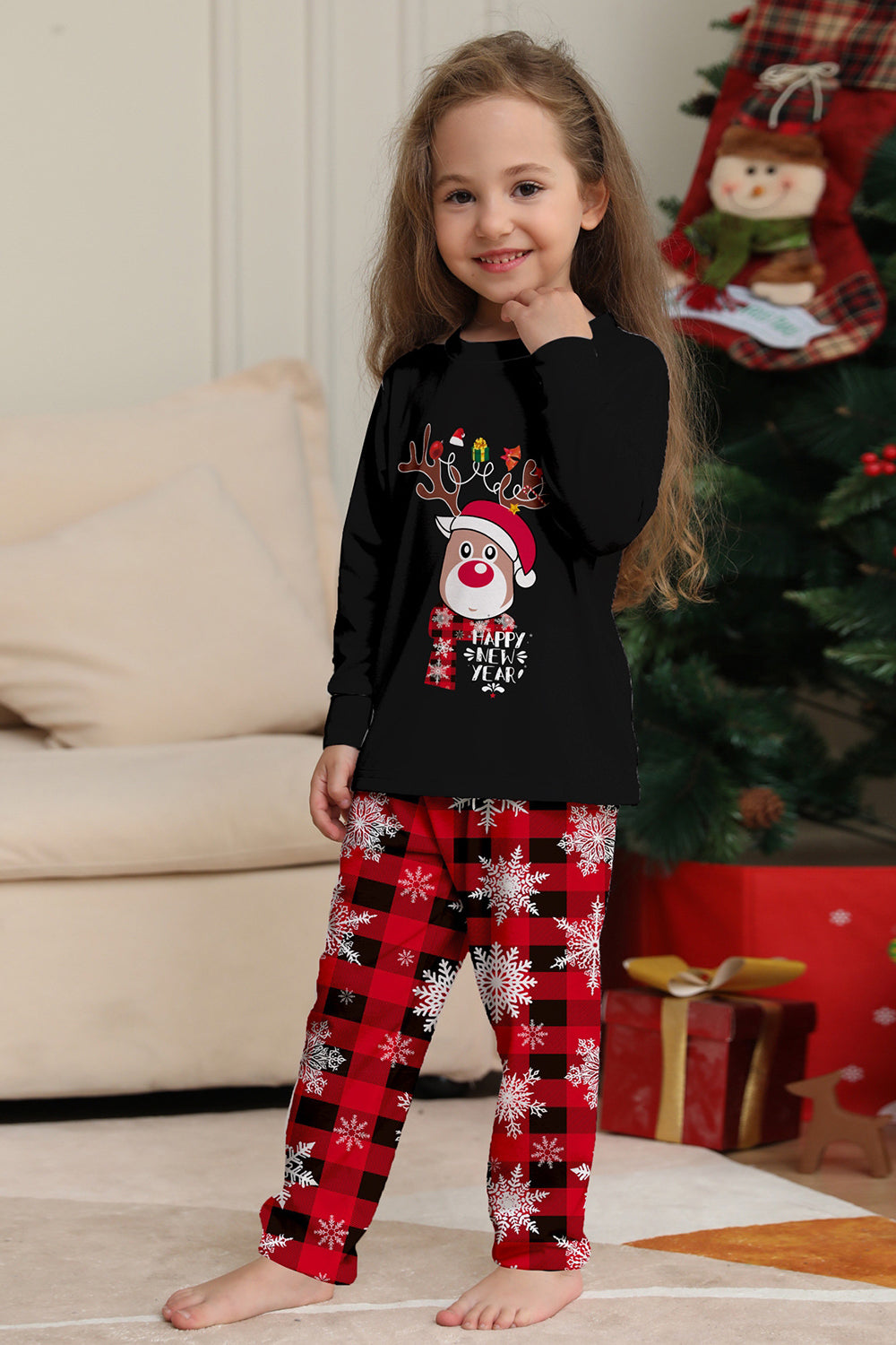 Noir Rouge Renne Flocon de Neige Imprimé Noël Famille Pyjama Assorti Ensemble