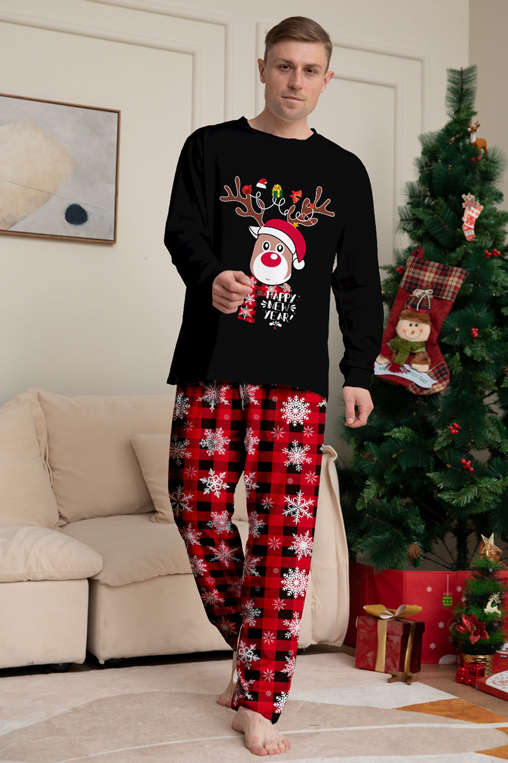 Noir Rouge Renne Flocon de Neige Imprimé Noël Famille Pyjama Assorti Ensemble