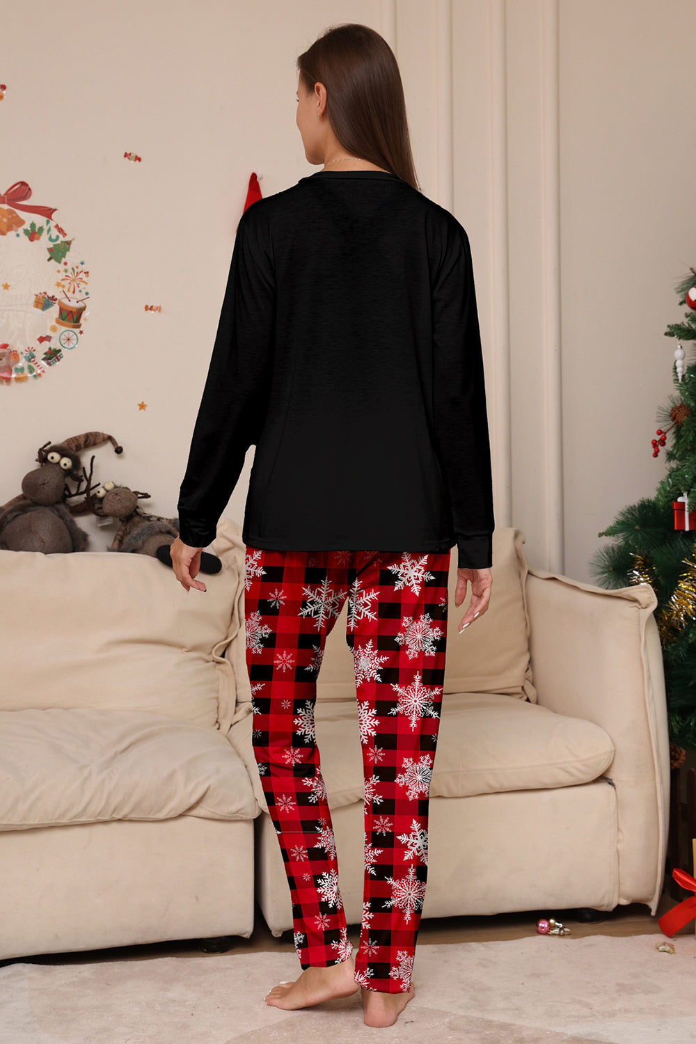 Noir Rouge Renne Flocon de Neige Imprimé Noël Famille Pyjama Assorti Ensemble