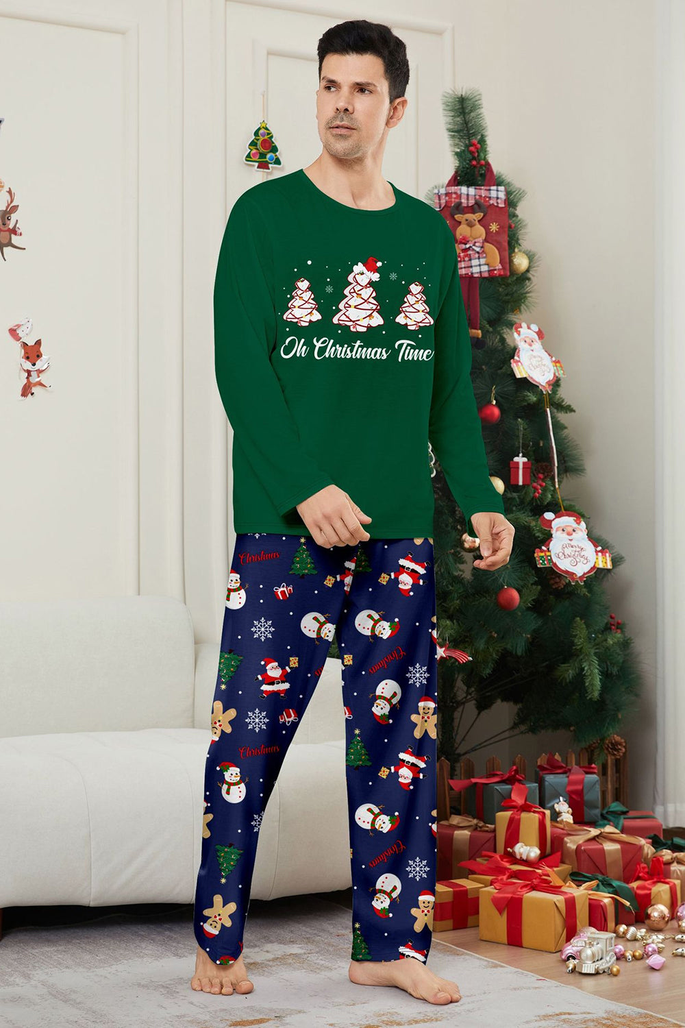 Vert bleu arbre imprimé à manches longues Noël famille pyjama assorti