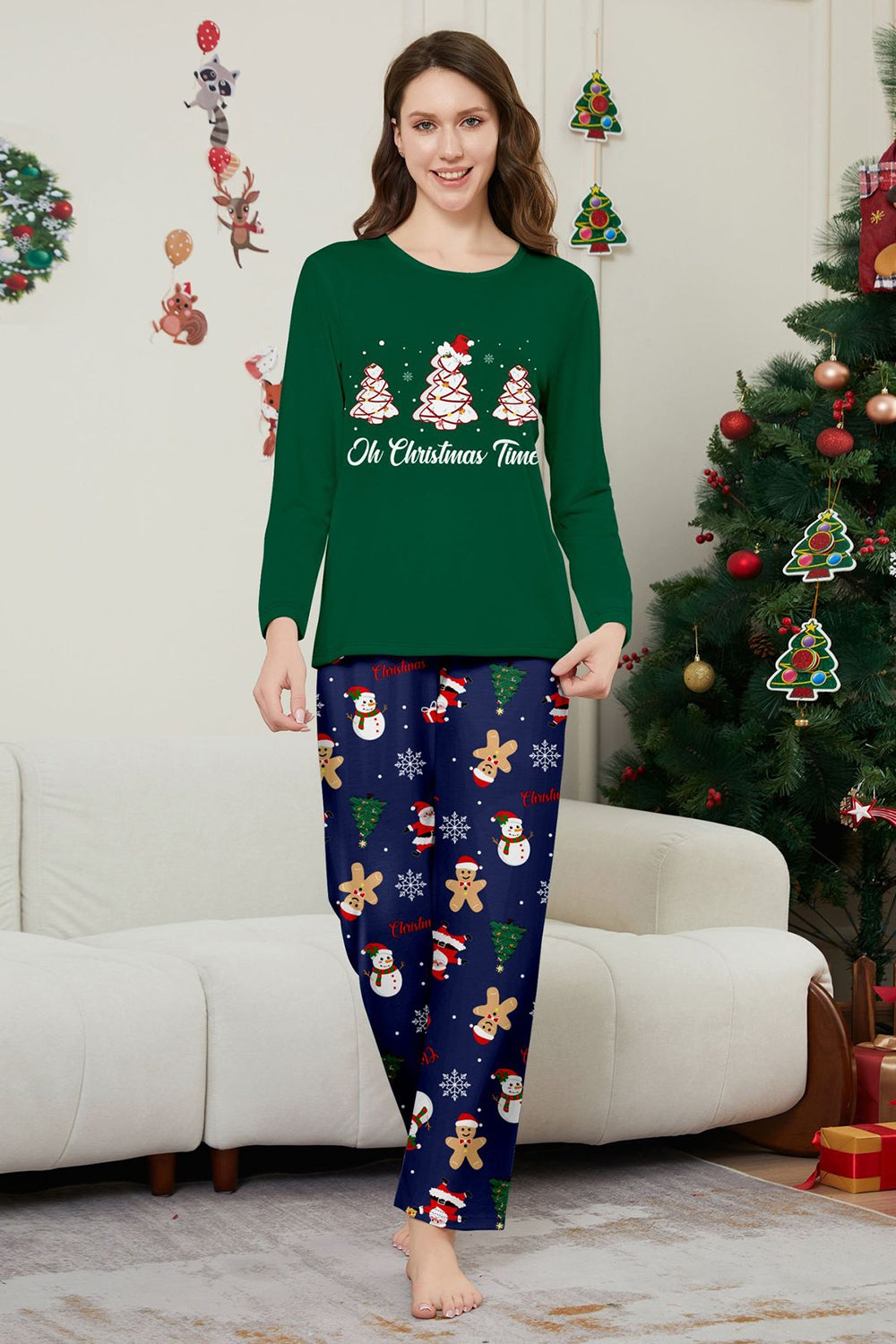 Vert bleu arbre imprimé à manches longues Noël famille pyjama assorti
