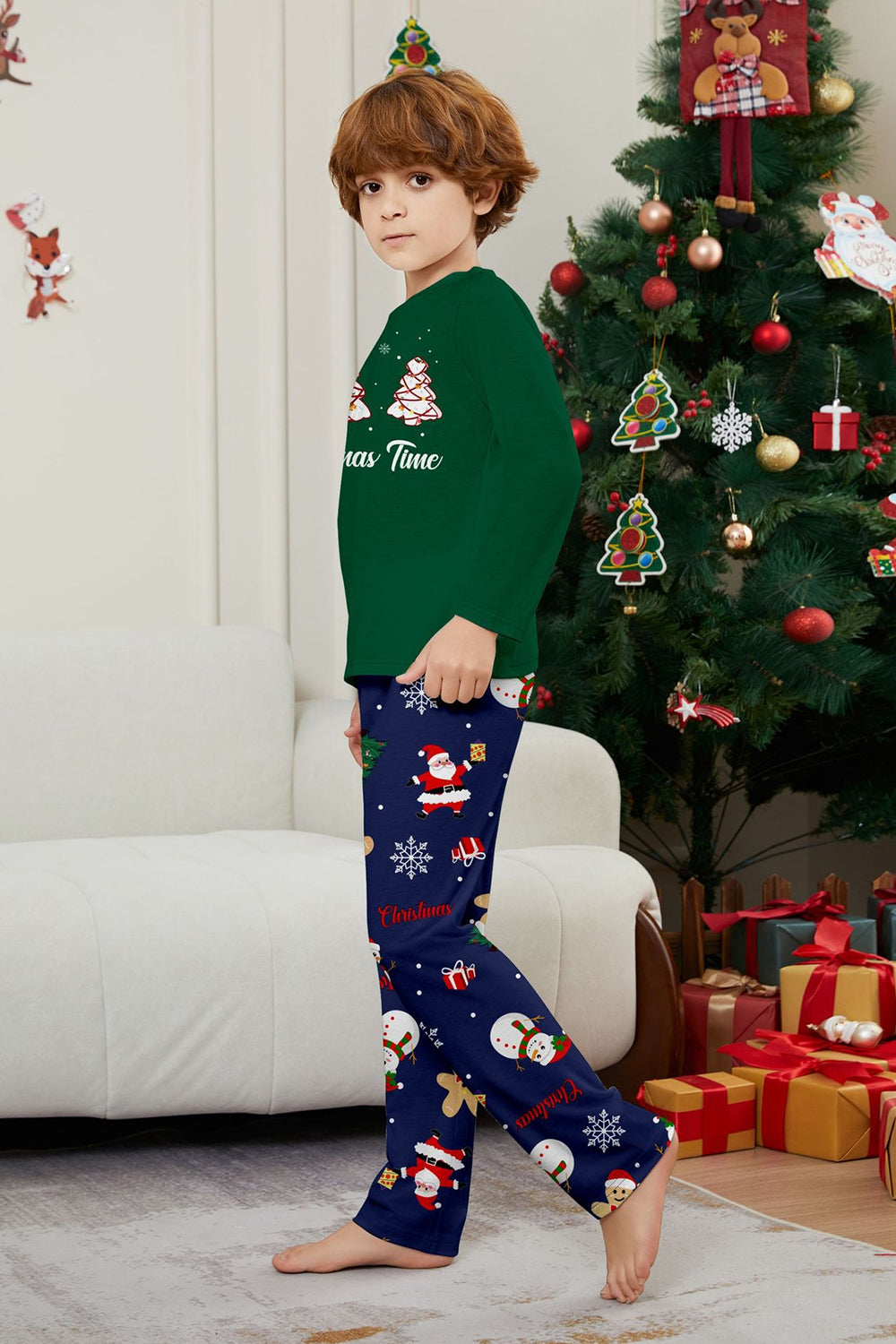 Vert bleu arbre imprimé à manches longues Noël famille pyjama assorti