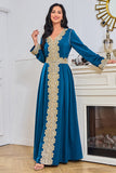 Bleu manches longues Caftan Marocain avec appliques