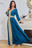 Bleu manches longues Caftan Marocain avec appliques