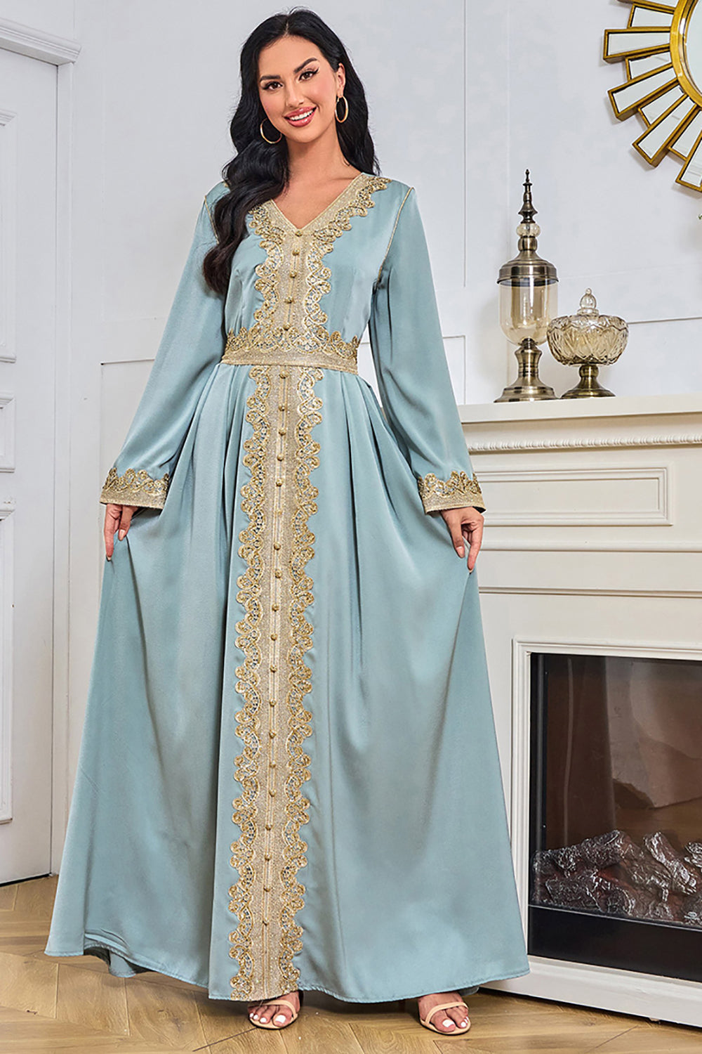 Bleu manches longues Caftan Marocain avec appliques