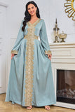 Bleu manches longues Caftan Marocain avec appliques