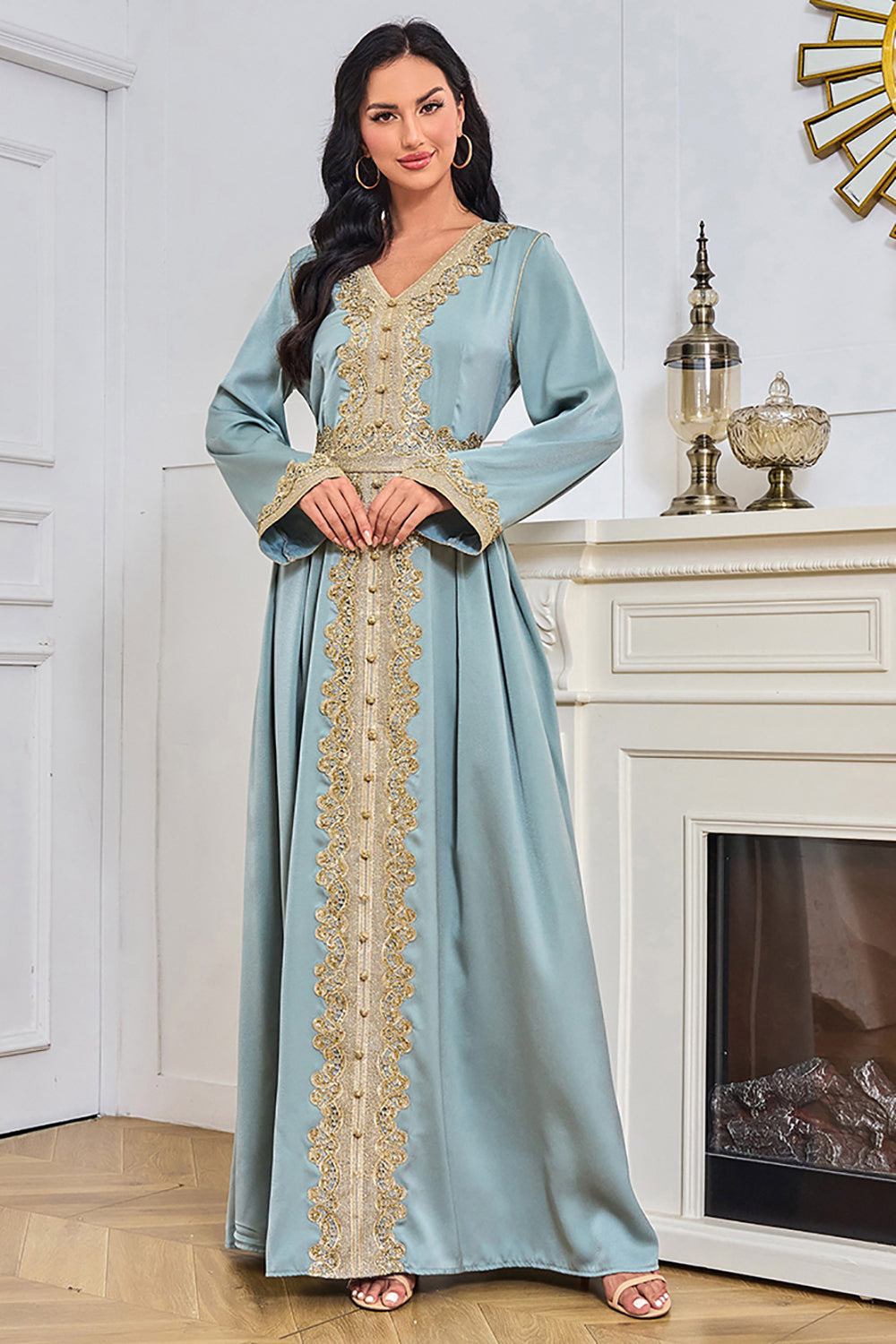 Bleu manches longues Caftan Marocain avec appliques