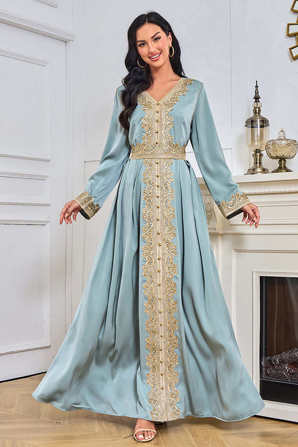Bleu manches longues Caftan Marocain avec appliques