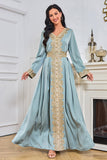 Bleu manches longues Caftan Marocain avec appliques