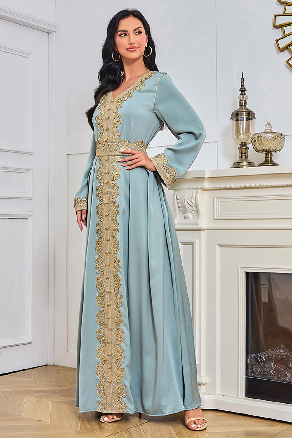 Bleu manches longues Caftan Marocain avec appliques