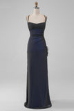 Noir Bleu Spaghetti Straps Sirène Robe de Bal Plissé avec Fente