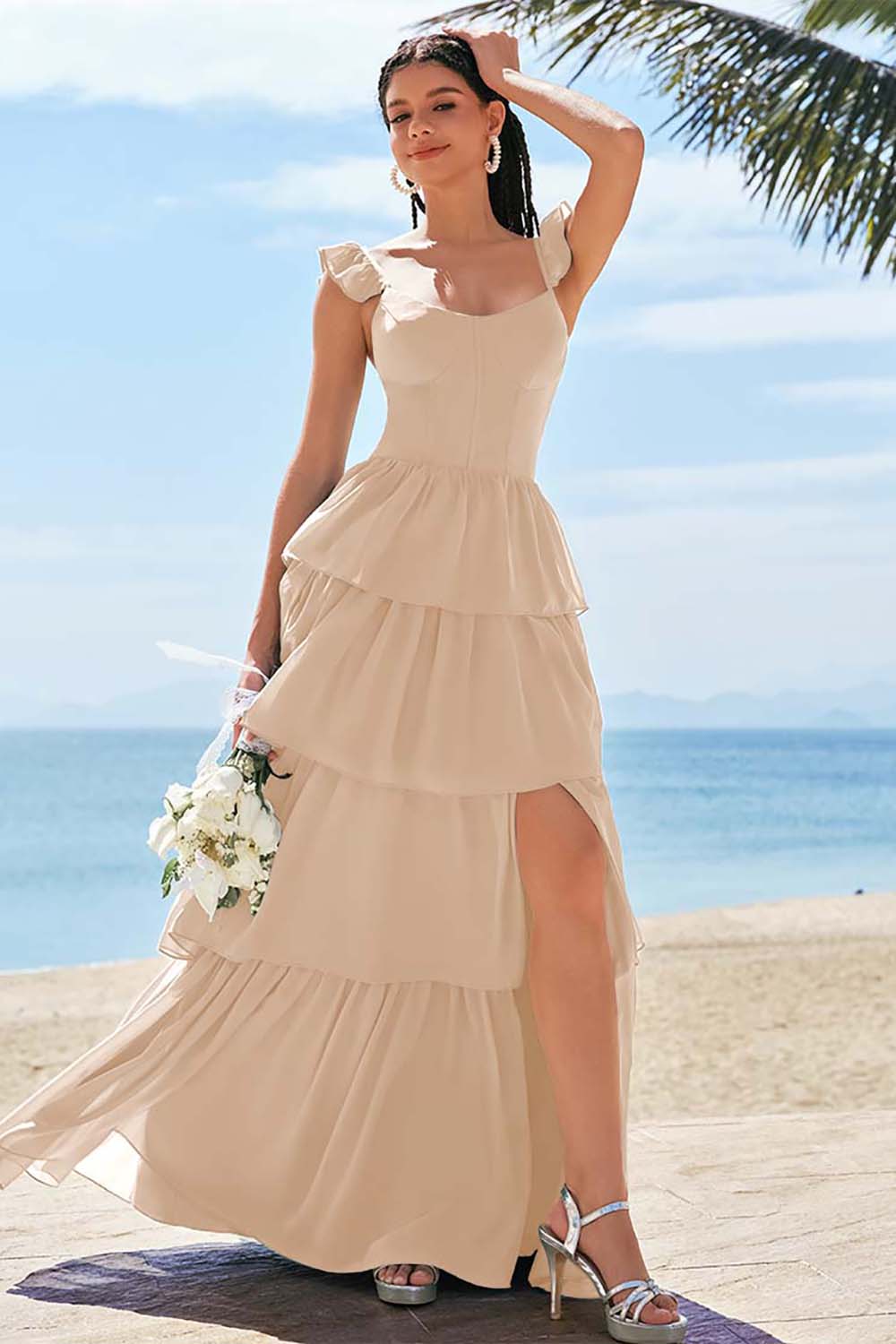 Eucalyptus A-ligne Corset Robe de demoiselle d’honneur longue avec fente à volants