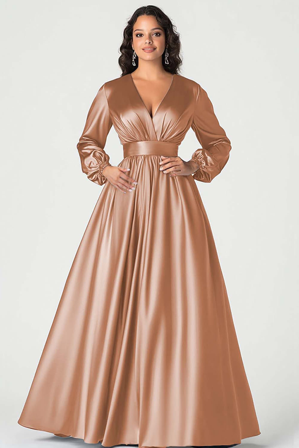Robe de mère de mariée en satin gris bleu col V à manches longues
