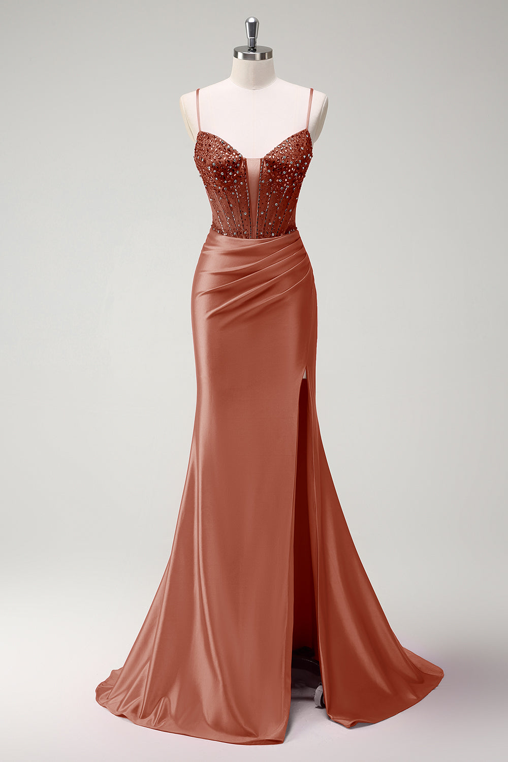 Sirène fuchsia scintillante bretelles spaghetti perlé Corset satin longue Robe de soirée avec fente