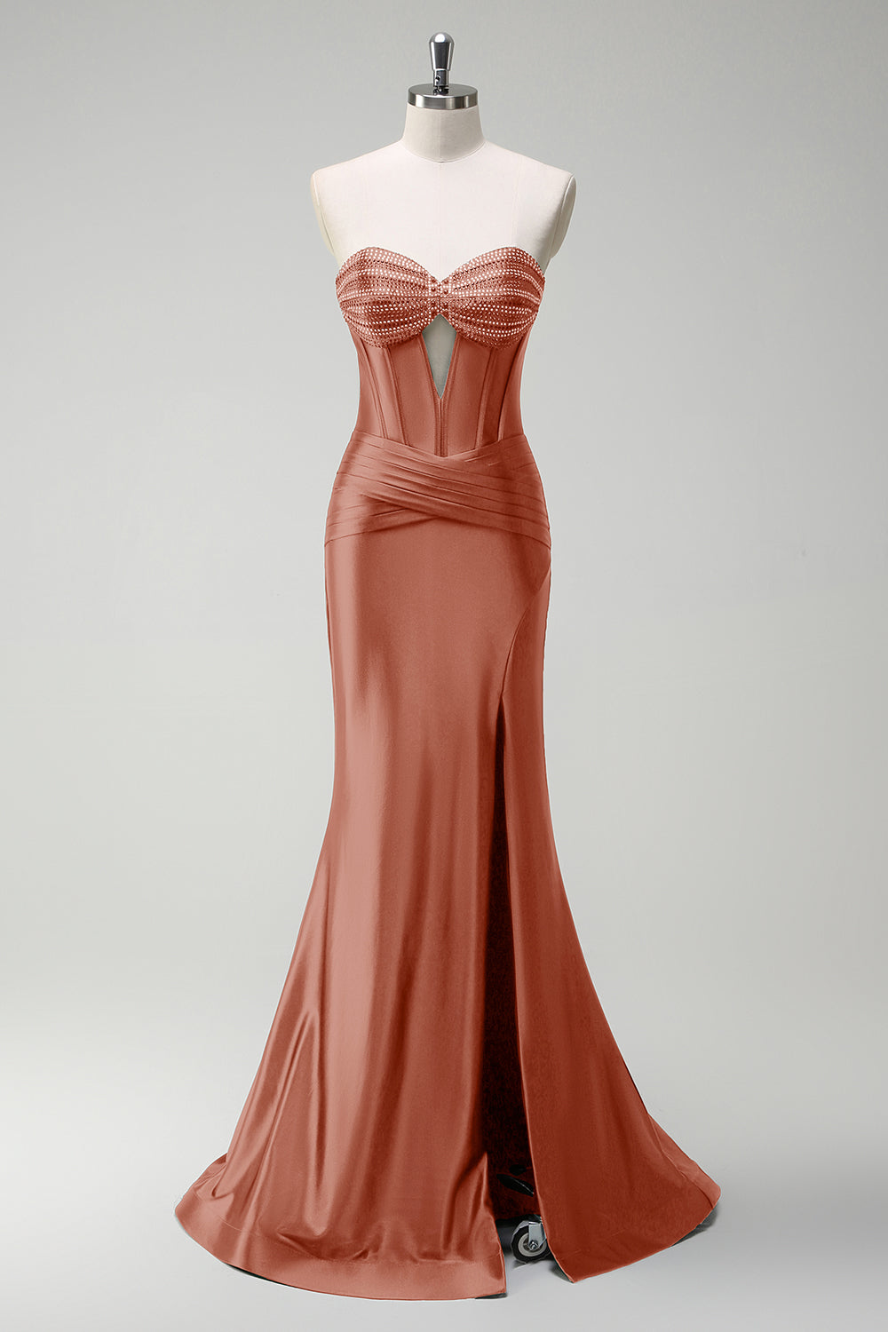 Robe de soirée longue en satin corset perlé vert foncé scintillant avec fente