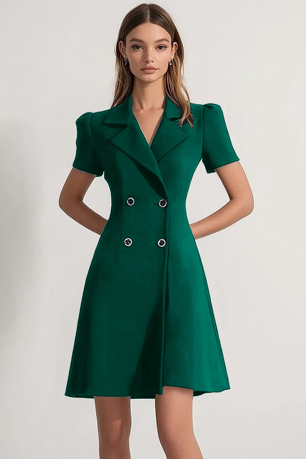 Robe courte de travail en satin à revers en pointe bleu marine