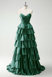 Vert Sweetheart Princesse Satin Tiered Long Corset Robe De Soirée avec Fente